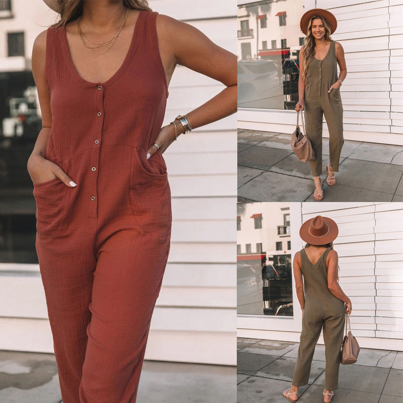 Beauty Clothing Solid Color Buttons Casual Jumpsuit