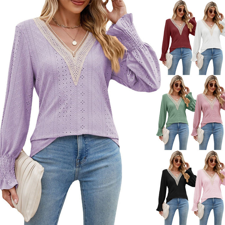 Lace V-neck Patchwork Long Sleeve Top