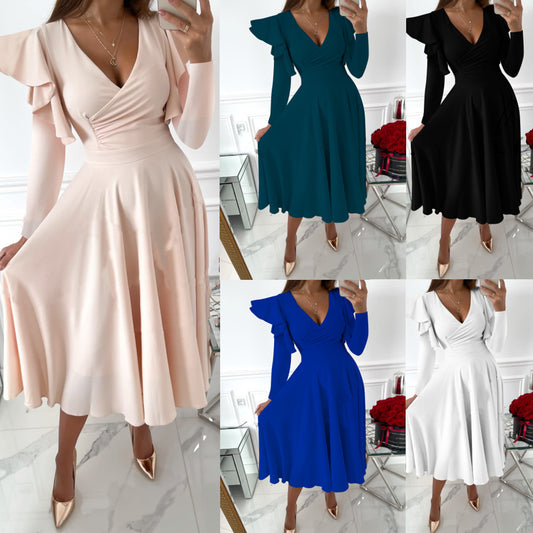 Long Sleeve V-neck Flounce Waist Dress