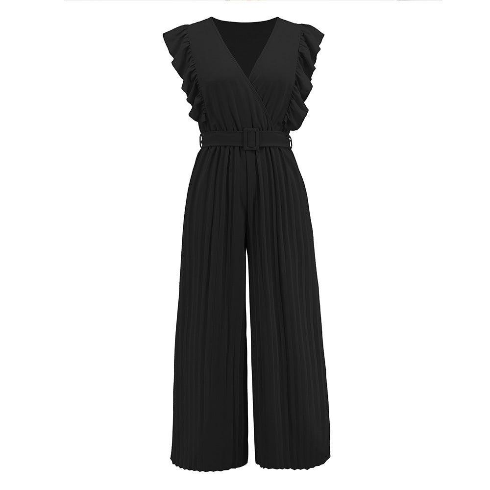 High Waist Sleeveless Lotus Leaf Pleated Wide-leg Jumpsuit