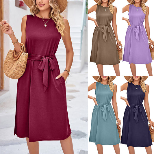 Casual Sleeveless Vest Belt Midi Dress