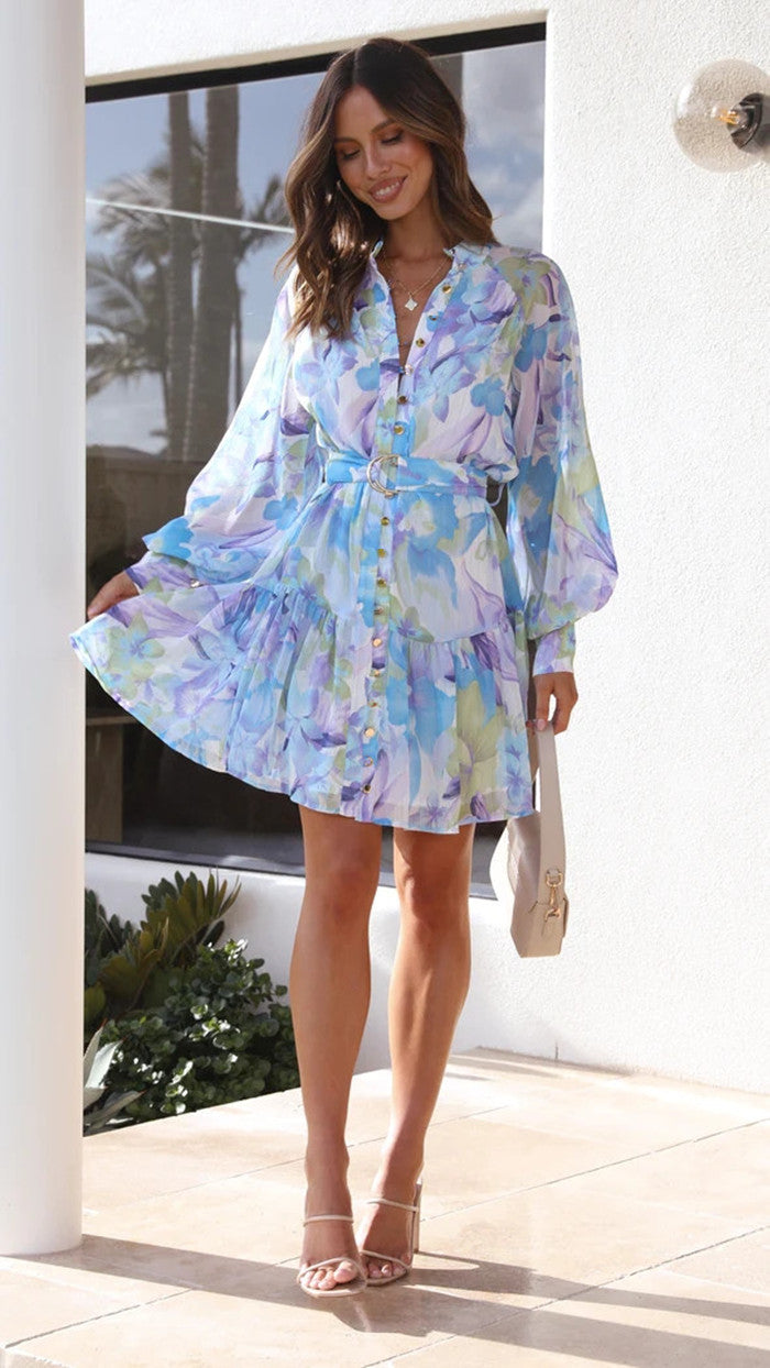 Printed Stand Collar Long Sleeve Dress