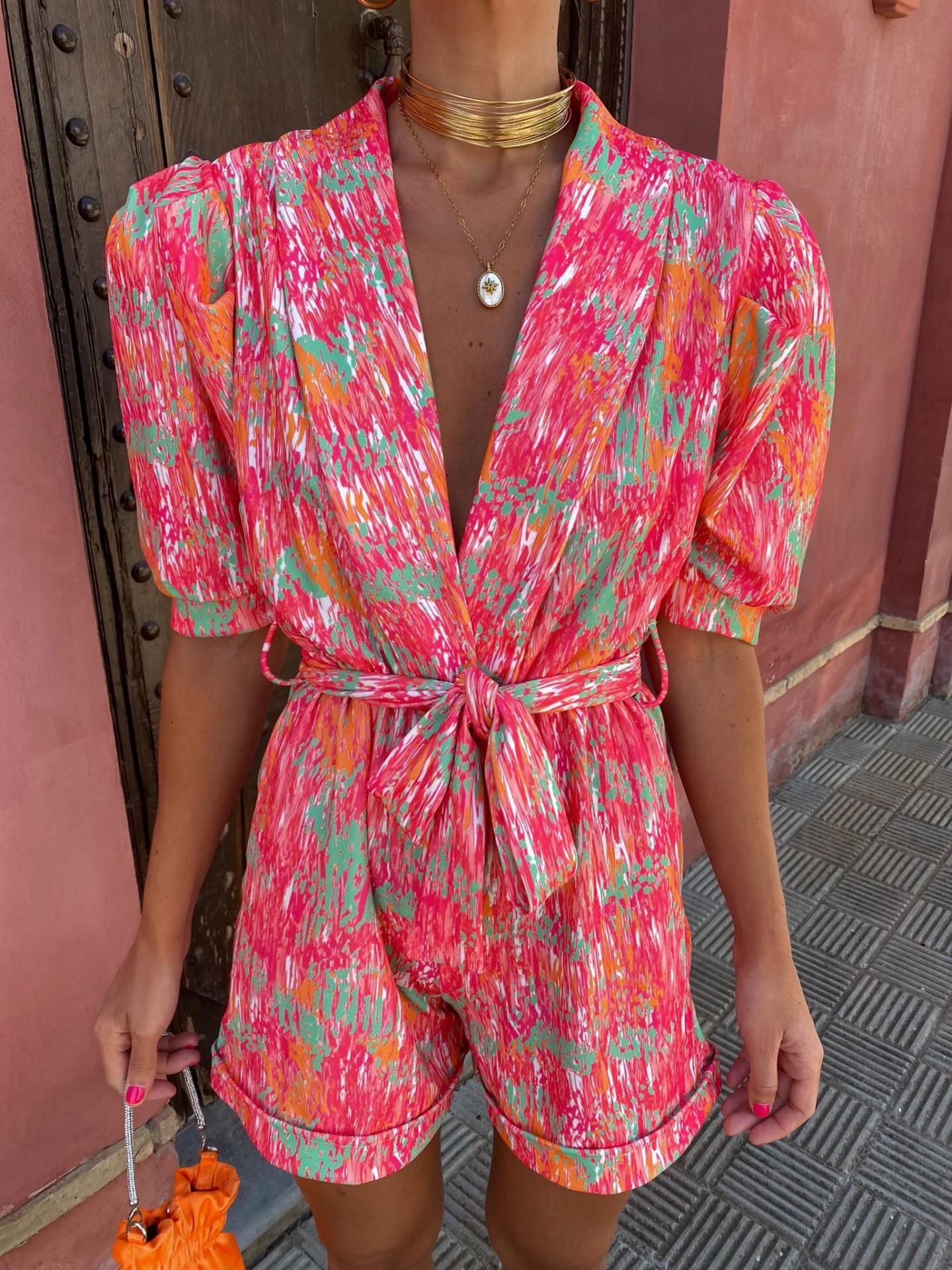 Deep V-neck Puff Sleeve Printed Belt Jumpsuit