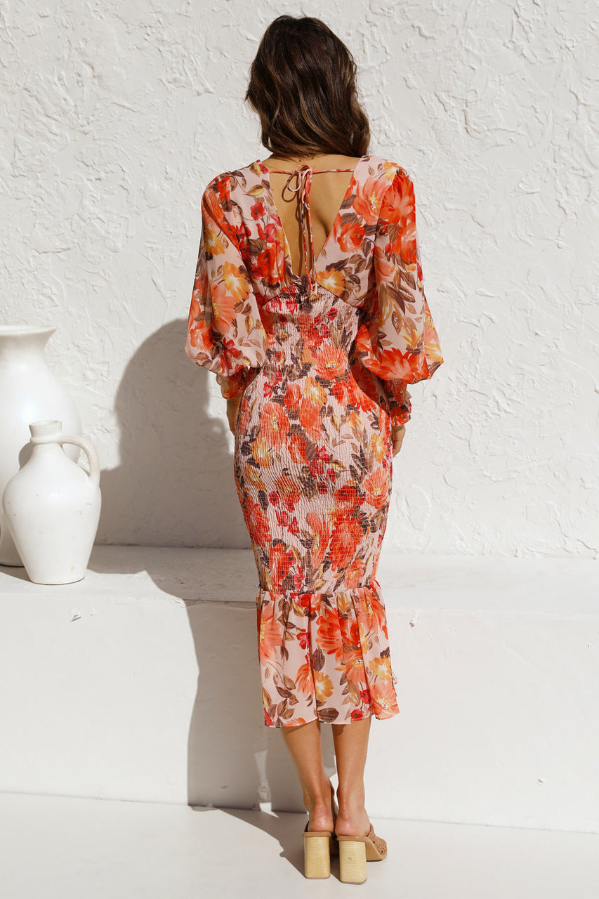 Floral Leaves Print V-Neck Dress