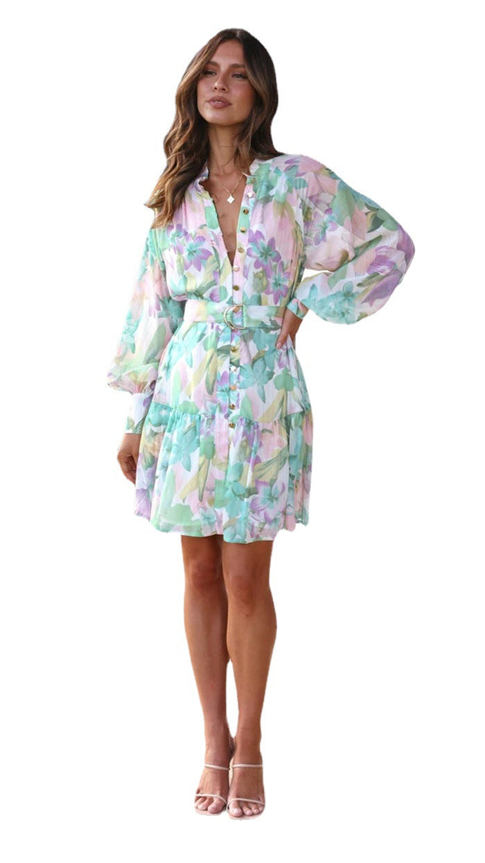 Printed Stand Collar Long Sleeve Dress