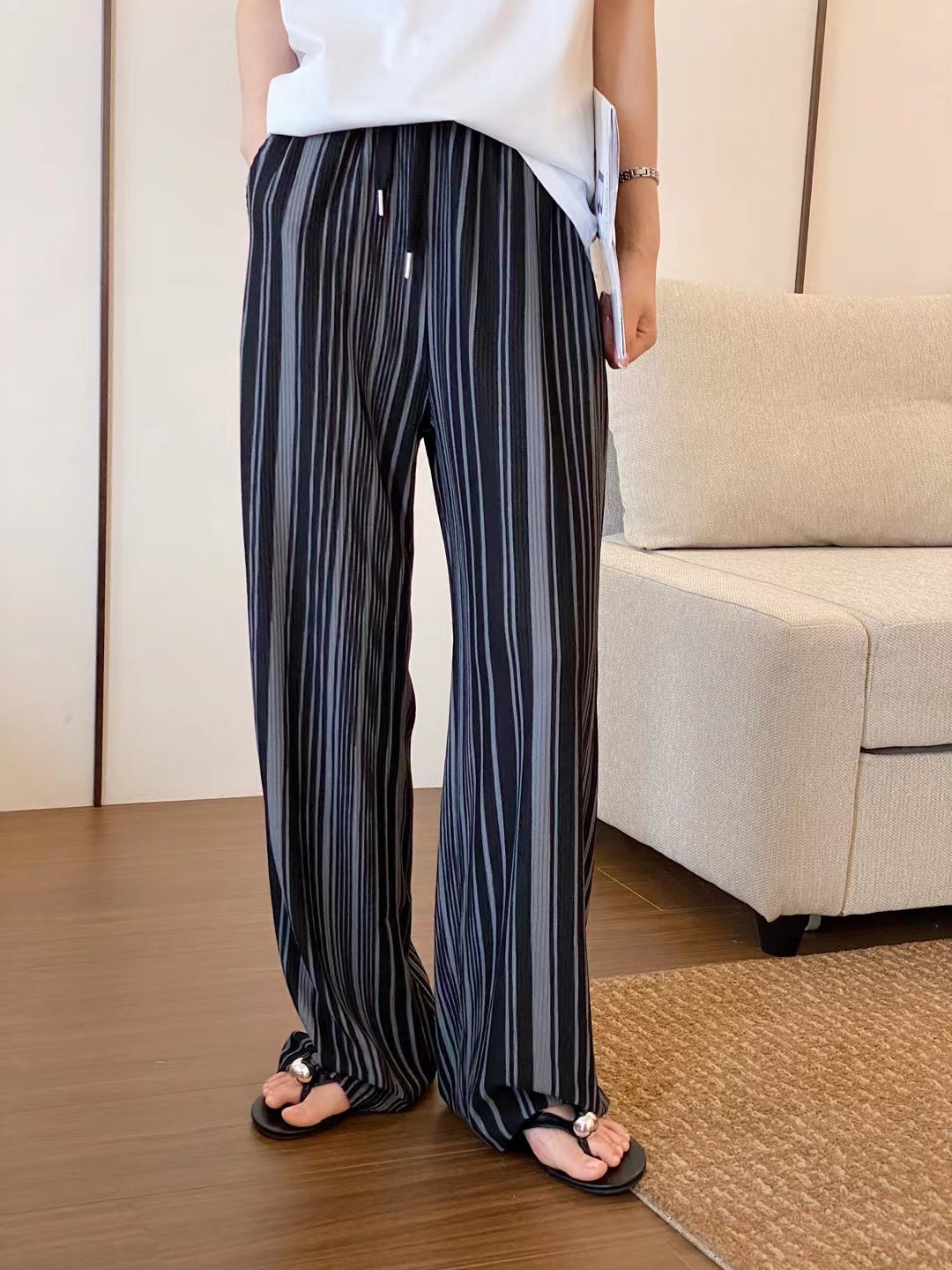 Black And White Striped Casual Pants