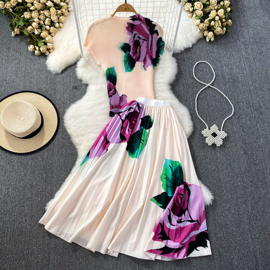 Fashion Suit Retro Graceful Stand Collar Pleated Slim-fit Printed Top High Waist Pleated Skirt