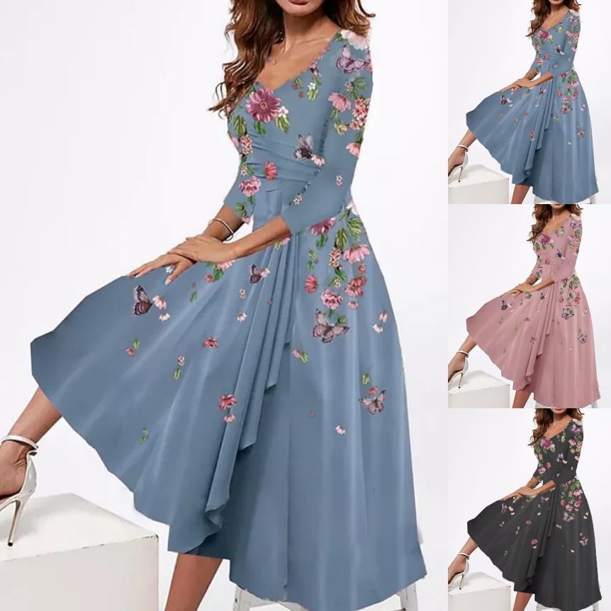 Floral Print Mid-length Sleeves Dress