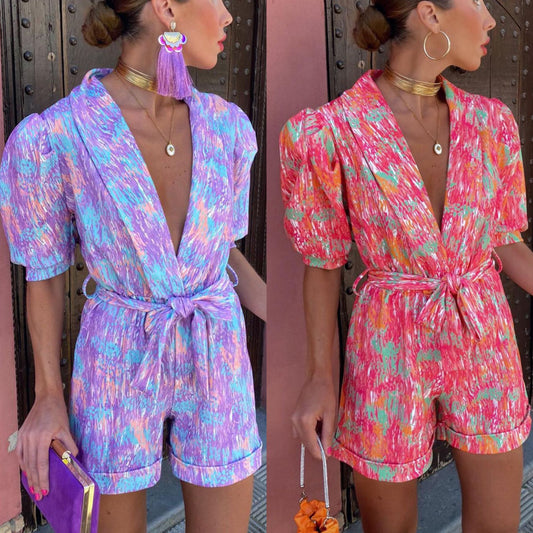 Deep V-neck Puff Sleeve Printed Belt Jumpsuit