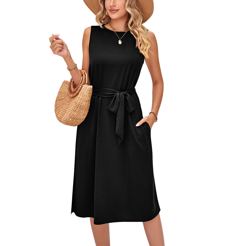 Casual Sleeveless Vest Belt Midi Dress