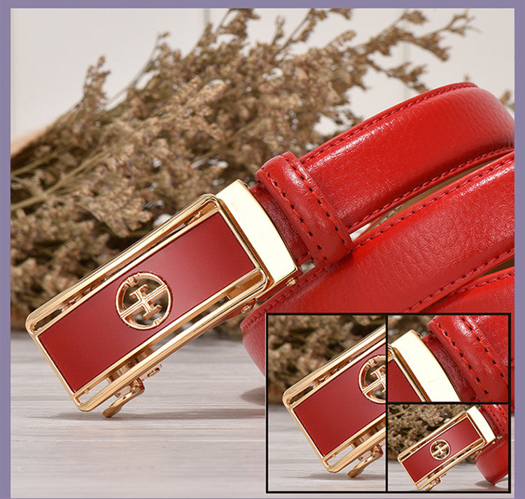 Women's Leather Automatic Buckle Decorative Thin Belt