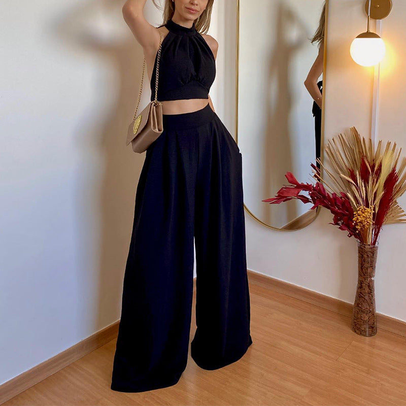 Halter Slim Fit High Waist Loose Trousers Two-piece Set