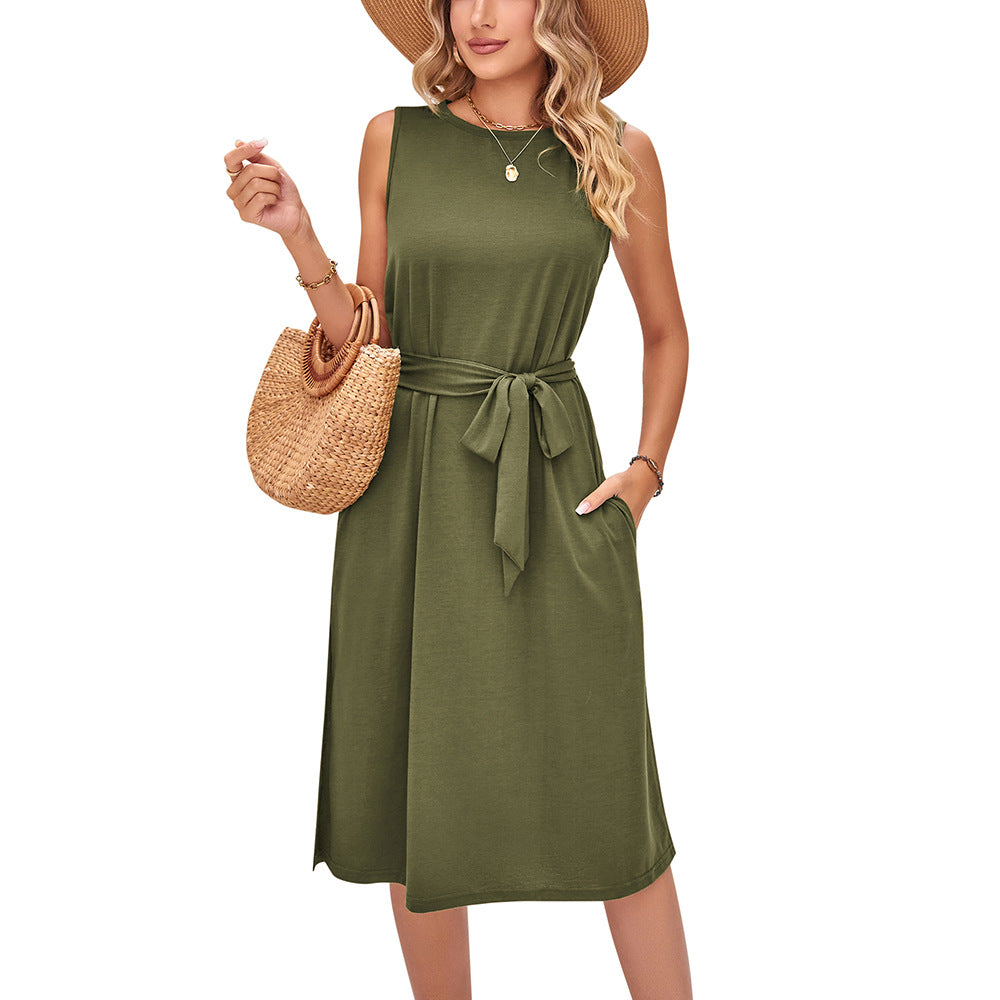 Casual Sleeveless Vest Belt Midi Dress