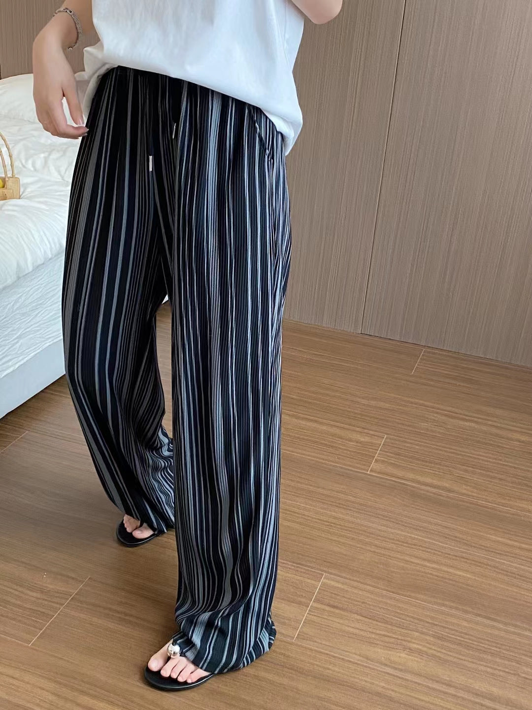 Black And White Striped Casual Pants