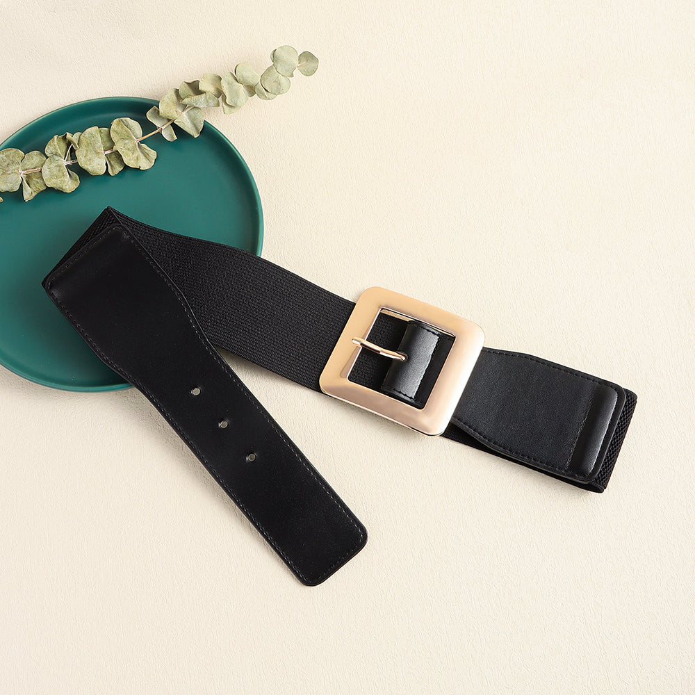 Retro Women's Metal Square Buckle Elastic Belt