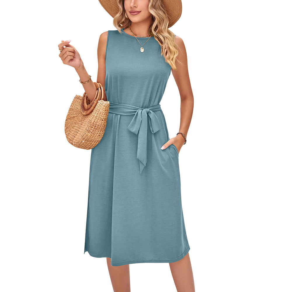 Casual Sleeveless Vest Belt Midi Dress