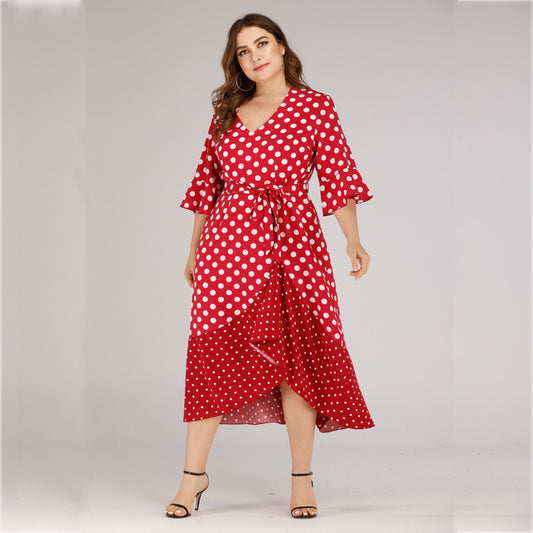 V-neck lace ruffled polka dot dress