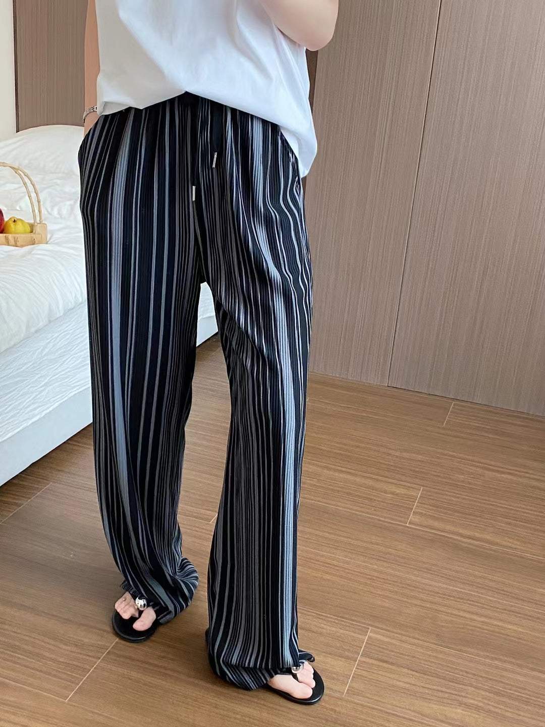 Black And White Striped Casual Pants