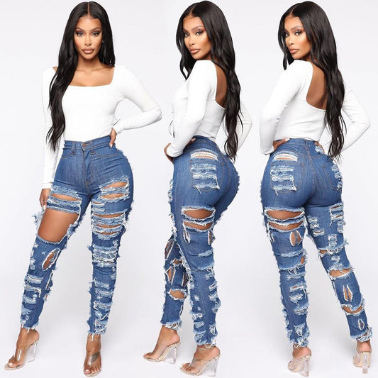 Fashion Cut And Tear Stretchy Calf Jeans