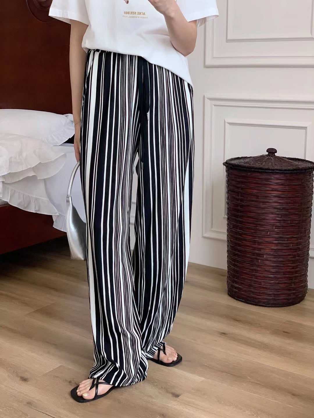 Black And White Striped Casual Pants