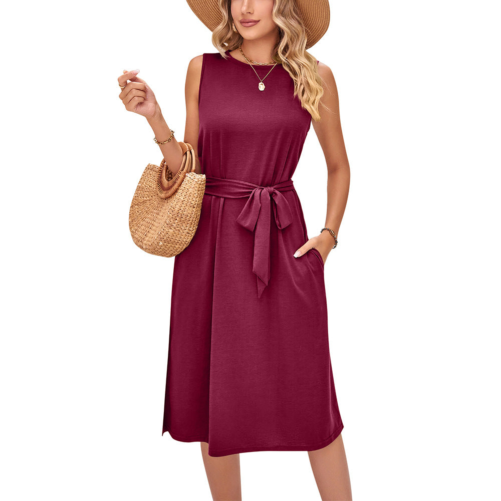 Casual Sleeveless Vest Belt Midi Dress