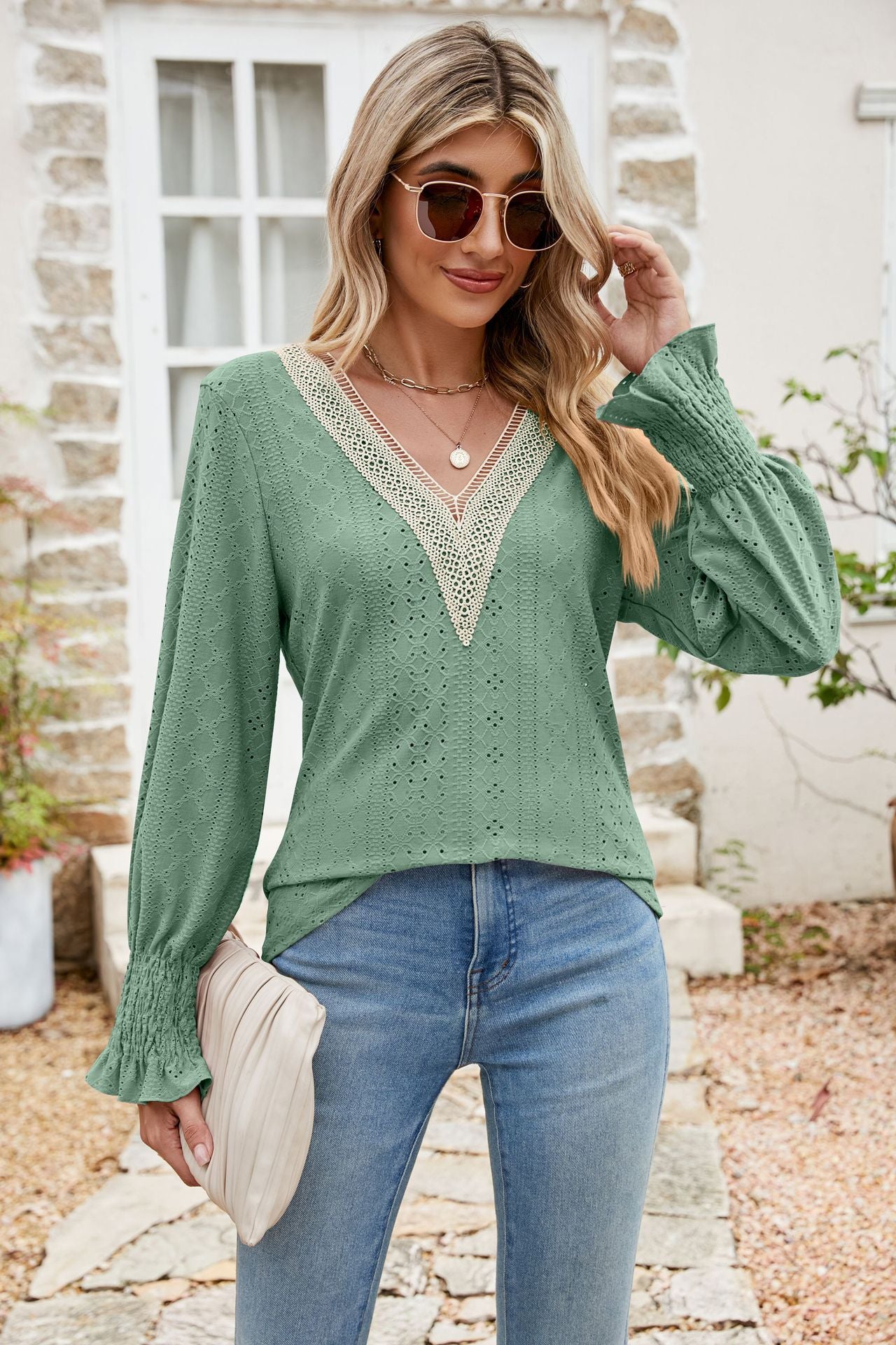 Lace V-neck Patchwork Long Sleeve Top