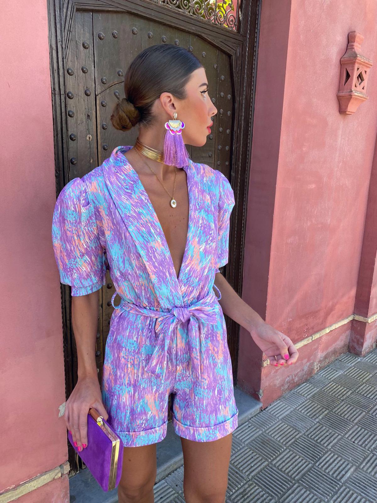 Deep V-neck Puff Sleeve Printed Belt Jumpsuit