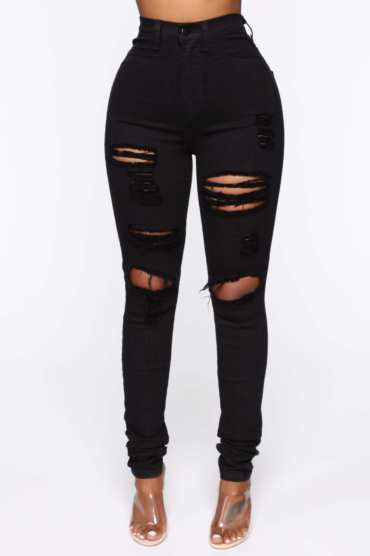 Black Stretch Ripped Jeans Women's Leggings