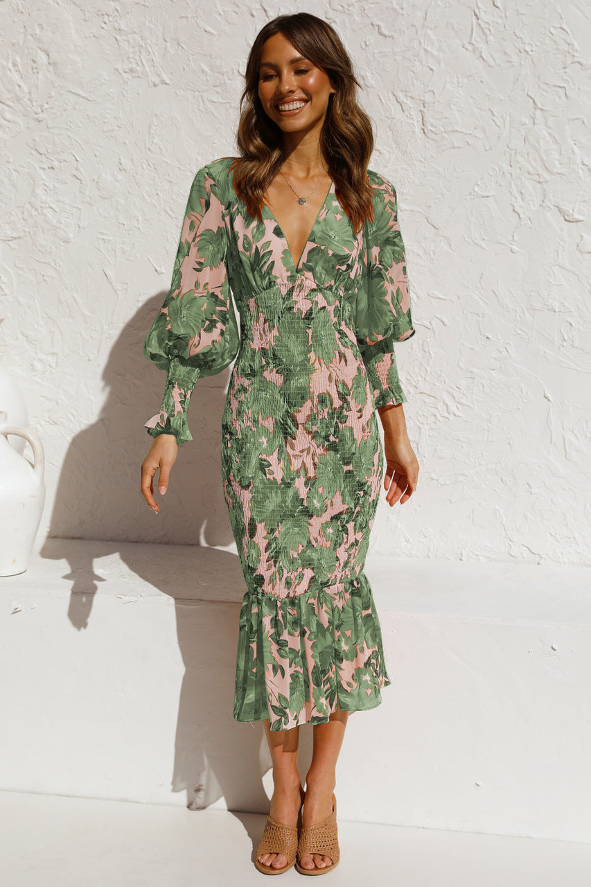 Floral Leaves Print V-Neck Dress