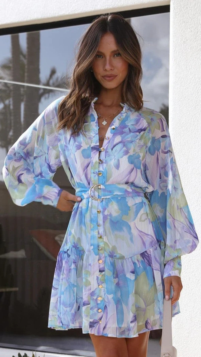 Printed Stand Collar Long Sleeve Dress