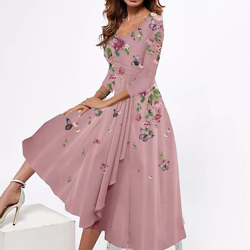 Floral Print Mid-length Sleeves Dress