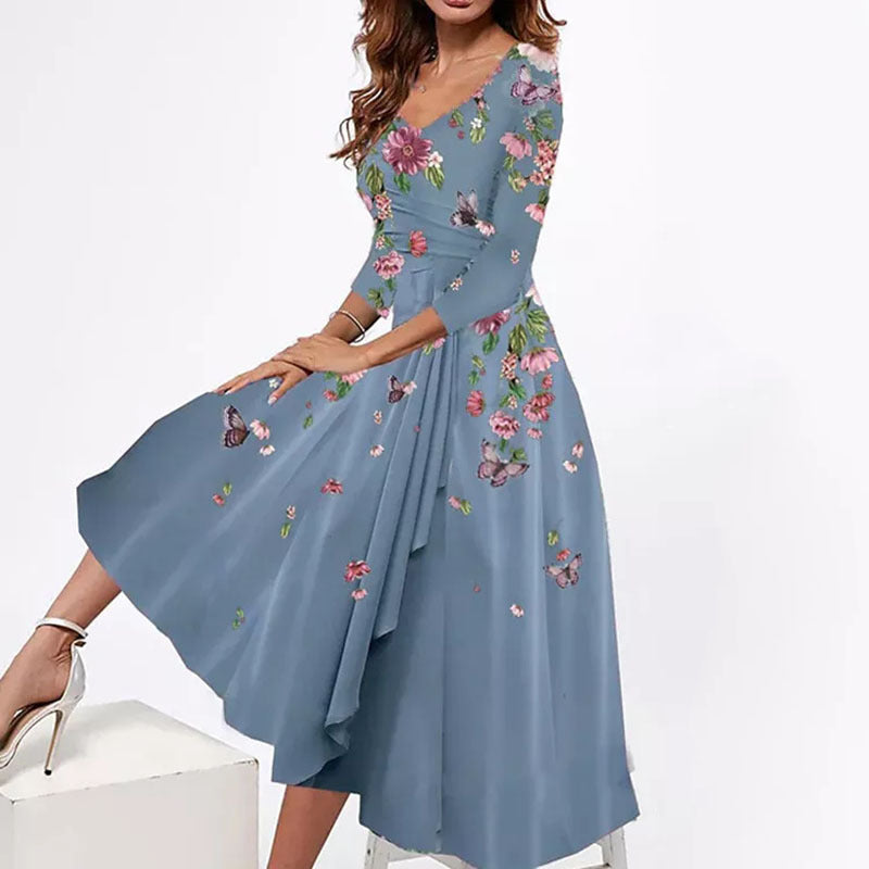 Floral Print Mid-length Sleeves Dress