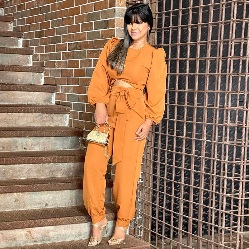 Crew Neck Puff Sleeve Short Top Ankle Banded Pants Suit