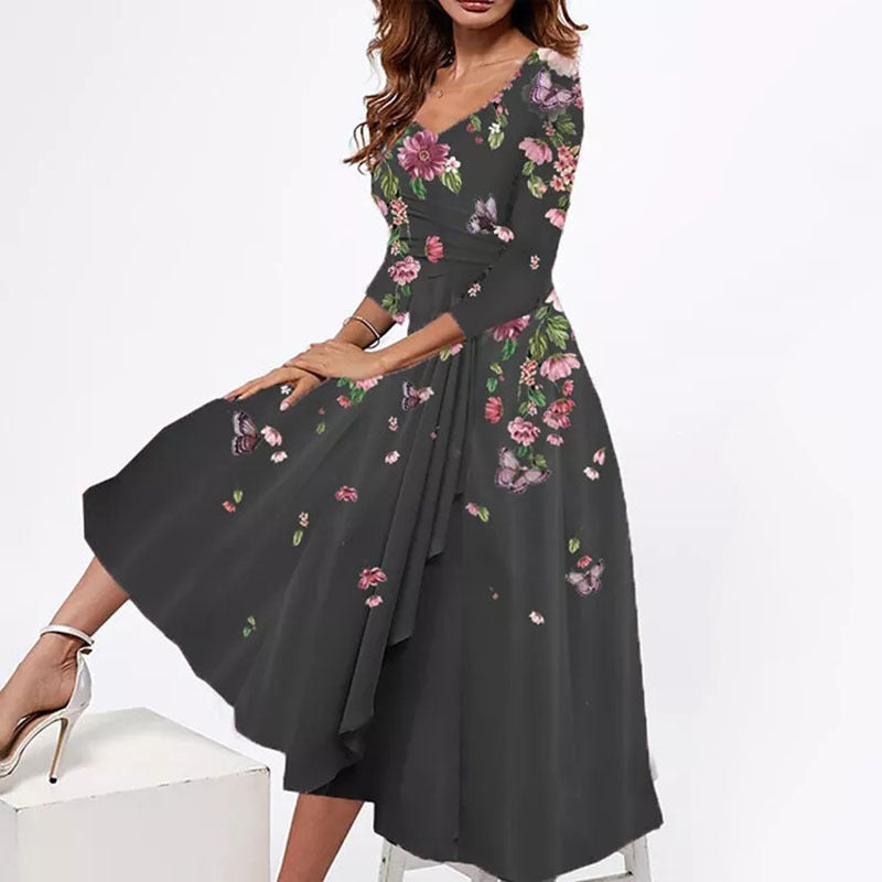 Floral Print Mid-length Sleeves Dress