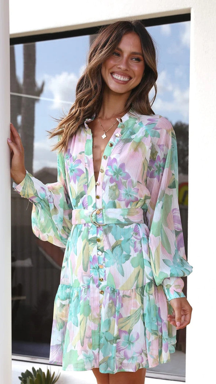 Printed Stand Collar Long Sleeve Dress