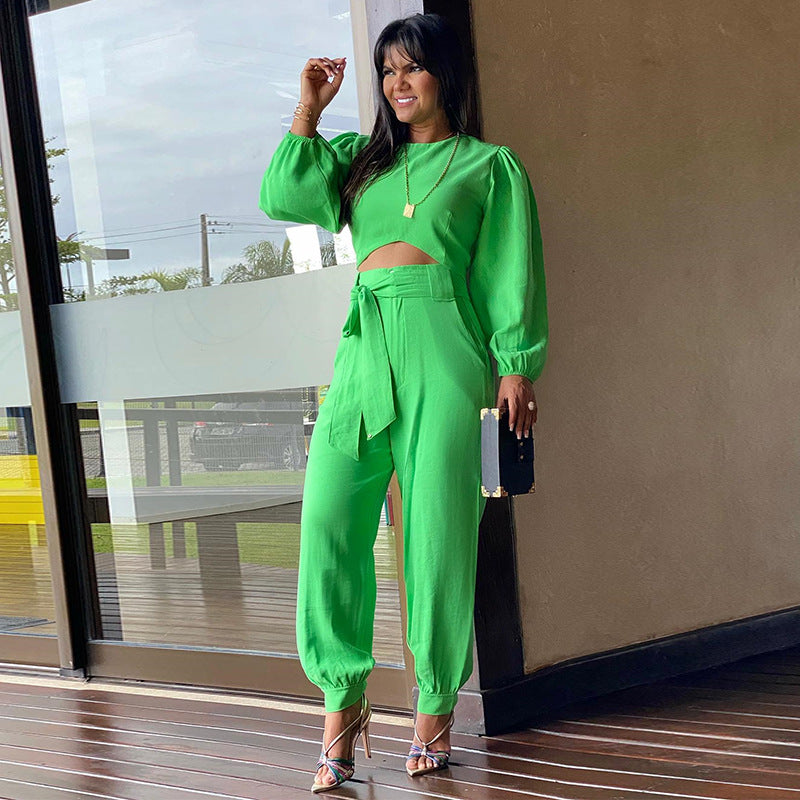 Crew Neck Puff Sleeve Short Top Ankle Banded Pants Suit