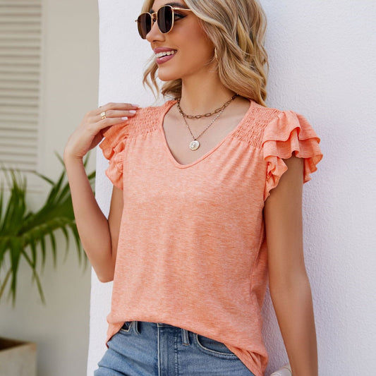 V-neck Pleated Short Sleeve Top