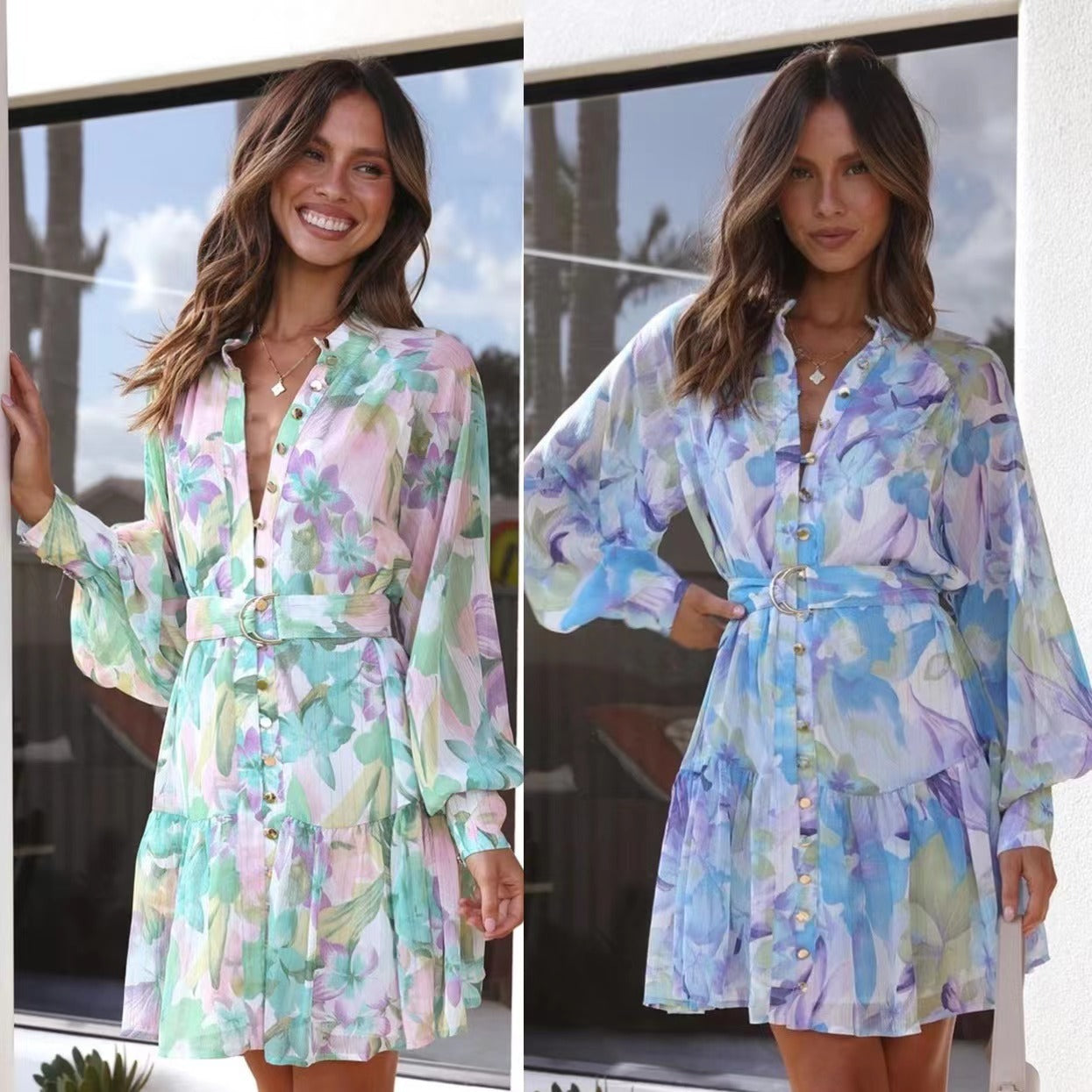 Printed Stand Collar Long Sleeve Dress