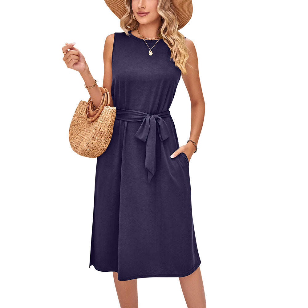 Casual Sleeveless Vest Belt Midi Dress