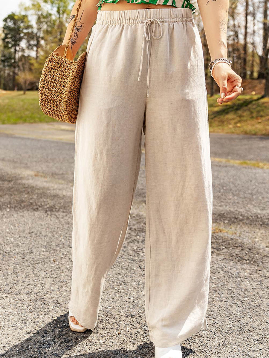 Casual Solid Color Drawstring Wide-leg Pants