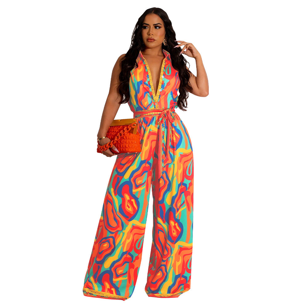 Sleeveless V-neck Wide-leg Jumpsuit