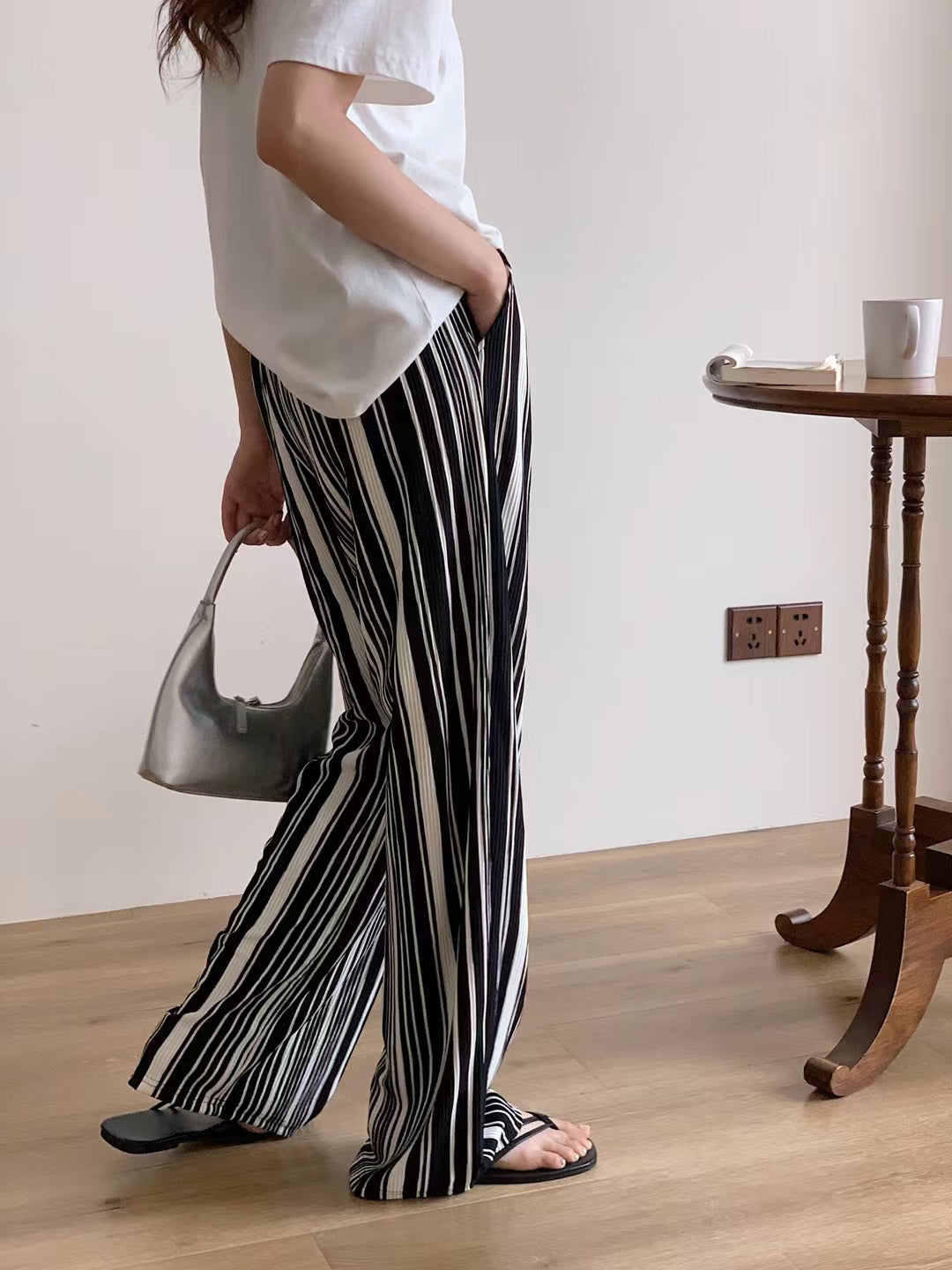 Black And White Striped Casual Pants