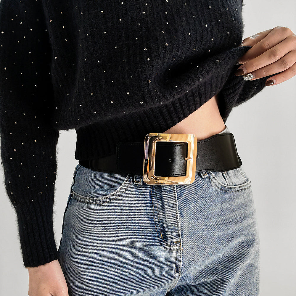 Retro Women's Metal Square Buckle Elastic Belt