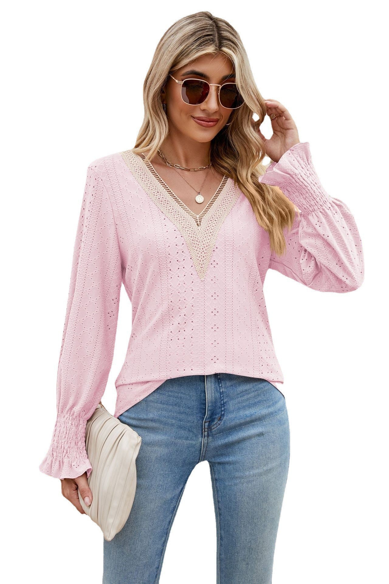 Lace V-neck Patchwork Long Sleeve Top