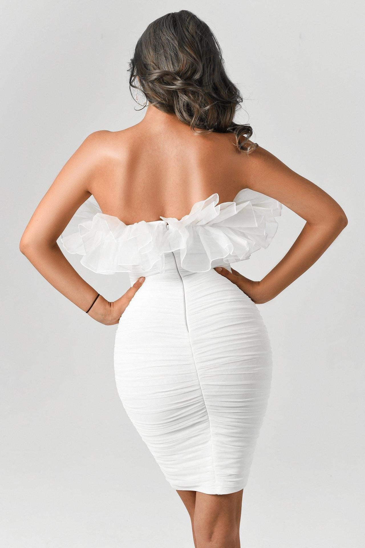 White Net Falbala Tube Top Bandage Dress