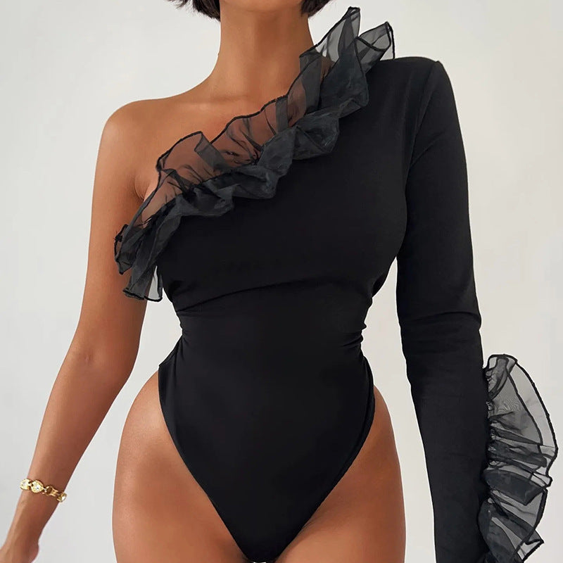 Mesh Ruffle Fly One Shoulder Sleeve Bodysuit