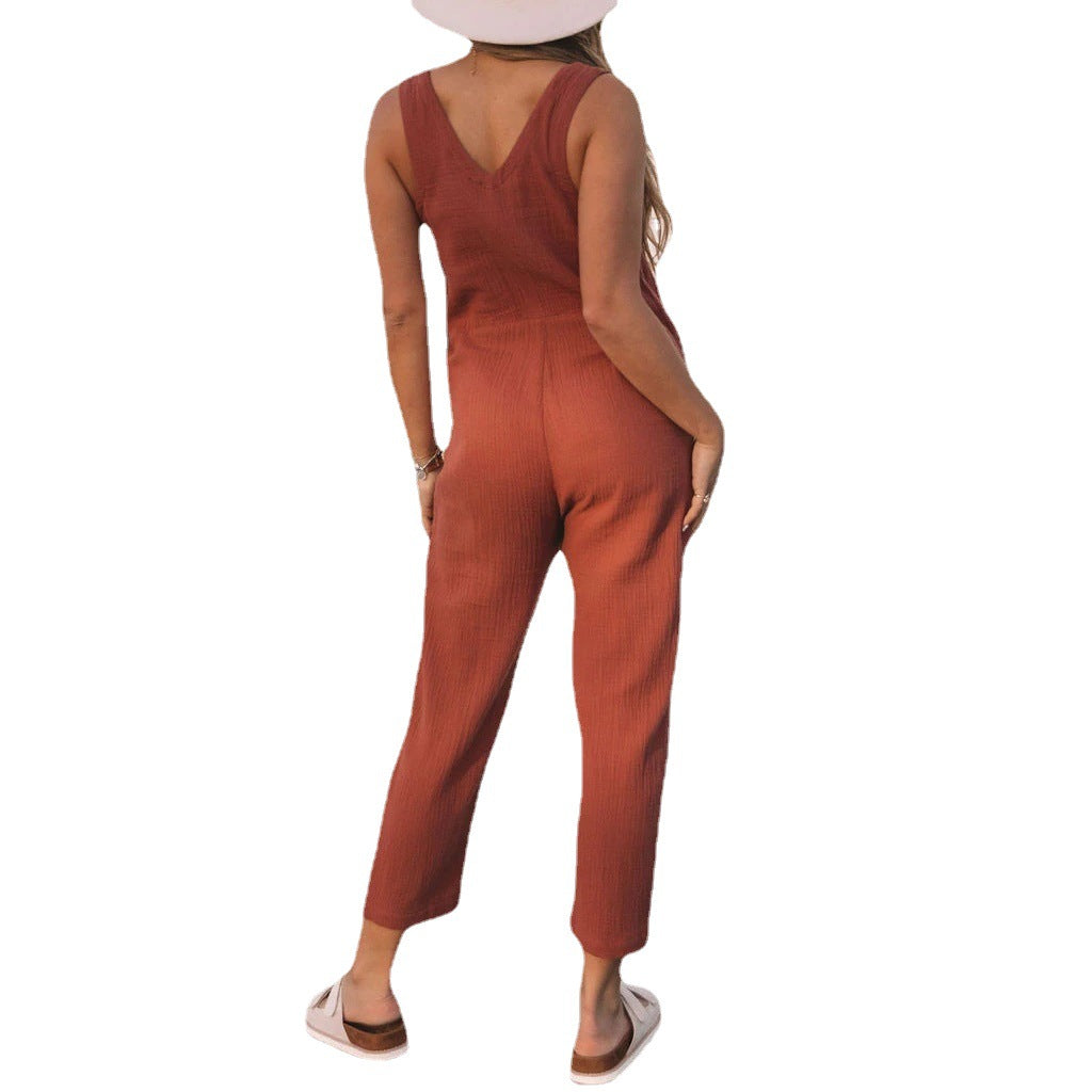 Beauty Clothing Solid Color Buttons Casual Jumpsuit