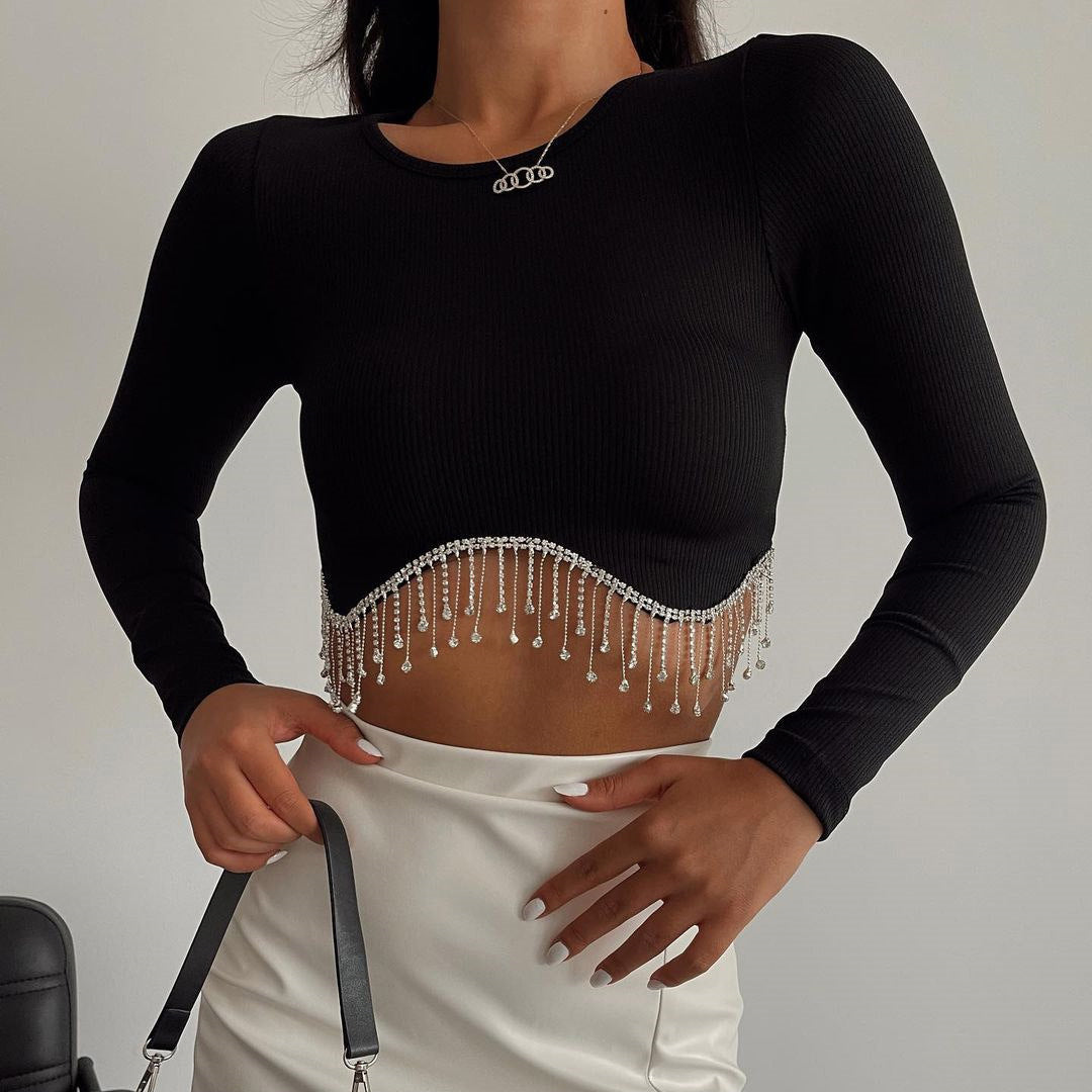 Nashville Sparkly Rhinestone Fringe Long Sleeve Crop Tops