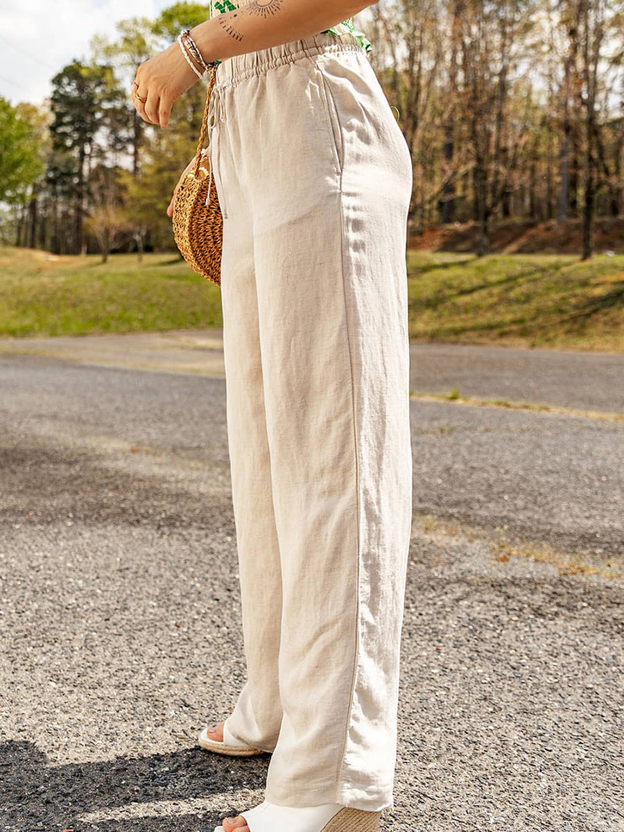 Casual Solid Color Drawstring Wide-leg Pants