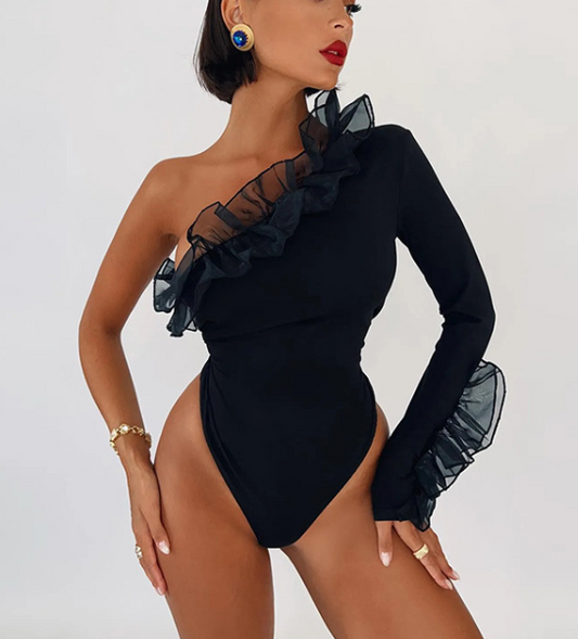 Mesh Ruffle Fly One Shoulder Sleeve Bodysuit